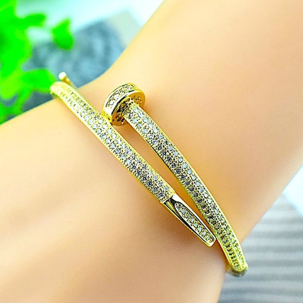 Gold Nail Zircon Screw Tack Bangle Bracelet - Picture 7 of 9